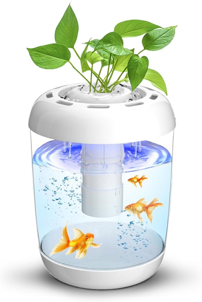 Betta Fish Tank 360° Small Aquarium Starter Kits with 7 Colors LED Lighting and Power Filter, Self-Cleaning and Grows Planter, Desktop Mini Amphibious Aquarium for Shrimp Betta Small Fish, 1.2 Gallon