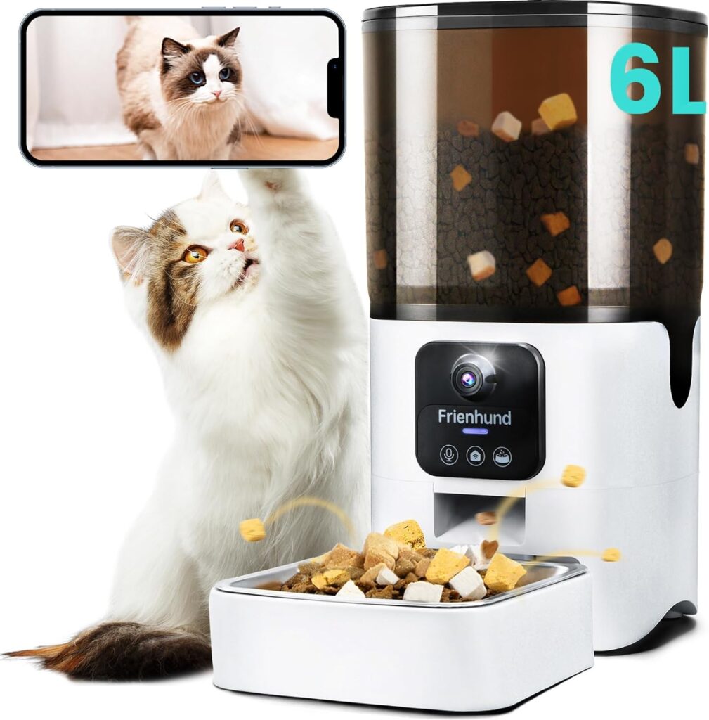 Frienhund Automatic Cat Feeder with Camera, 6L Camera Cat Feeder Automatic, Night Vision, Motion Detection, 1080P Camera Dog Food Dispenser Dog Feeder Automatic Pet Feeder