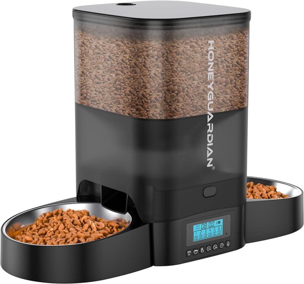 HoneyGuaridan 3.5L Automatic Cat Feeder for Two Cats, Cat Food Dispenser with Stainless Steel Bowl,Timed Cat Feeder Programmable 1-6 Meals Control, Dual Power Supply,Desiccant Bag,10s Meal Call