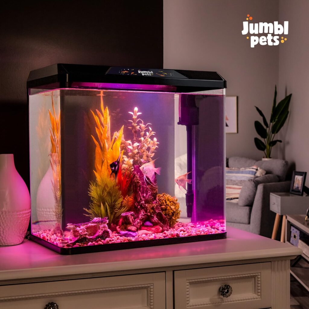 JumblPets Starter Fish Aquarium Kit, 10 Gallon, Complete Beginner Glass Fish Tanks Set with LED Lighting, Internal Filtration System, Filter Media Set, Hood  Lid, Ideal for Freshwater and Marine Fish