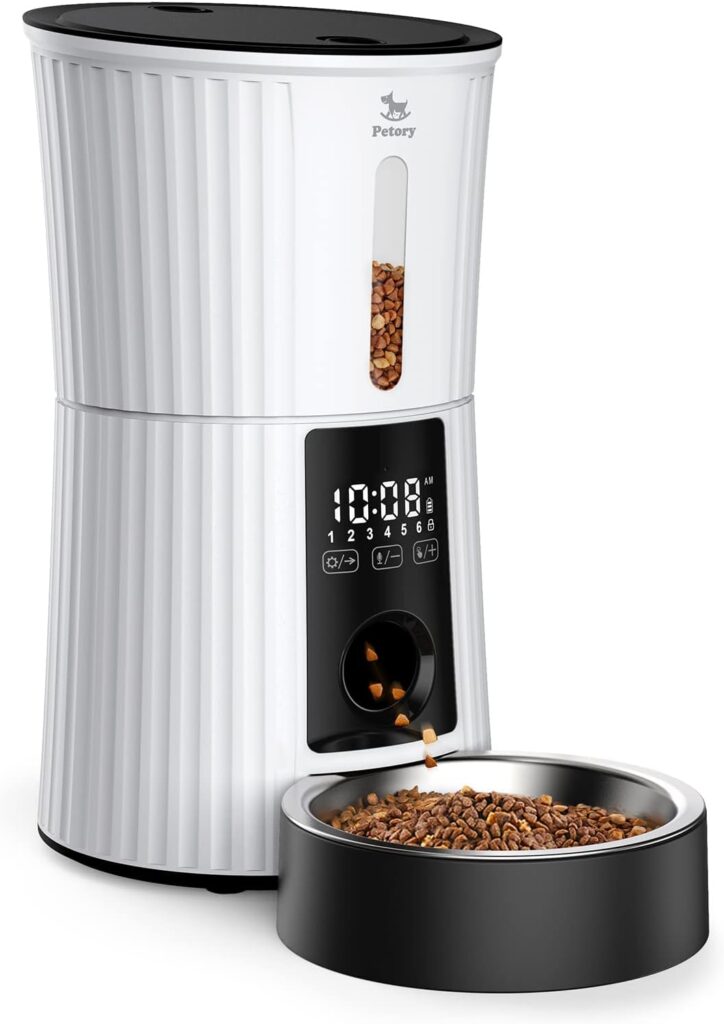 Petory Timed Automatic Cat Feeders - 4L Programable Dry Food Dispenser for Cats and Small Medium Dogs 6 Meals with Desiccant Bag Dual Power Supply 10S Voice Recorder