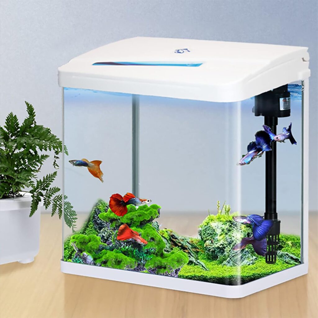 SANOSY Glass Fish Tank 2.3 Gallon Aquarium Starter Kit Small Betta Fish Tank Desktop Mini Fish Bowl for Shrimp Small Fish with Pump LED Light Simulated Water Plants and Filtering Materials (Black)