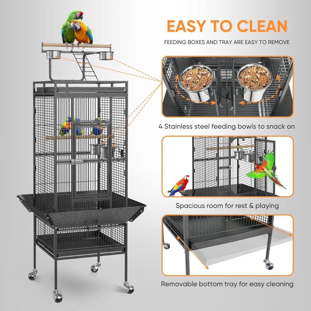 SUPER DEAL PRO 61-inch 2in1 Large Bird Cage with Rolling Stand Playtop Parrot Chinchilla Finch Cage Macaw Conure Cockatiel Cockatoo Pet House Wrought Iron Birdcage, Black