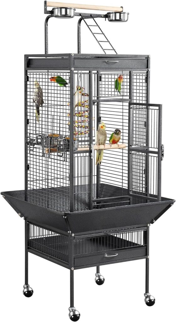 Yaheetech 61-inch Playtop Wrought Iron Large Parrot Bird Cages with Rolling Stand for Cockatiels Amazon Parrot Quaker Conure Parakeet Lovebird Finch Canary Small Medium Parrot Cage Birdcage, Black