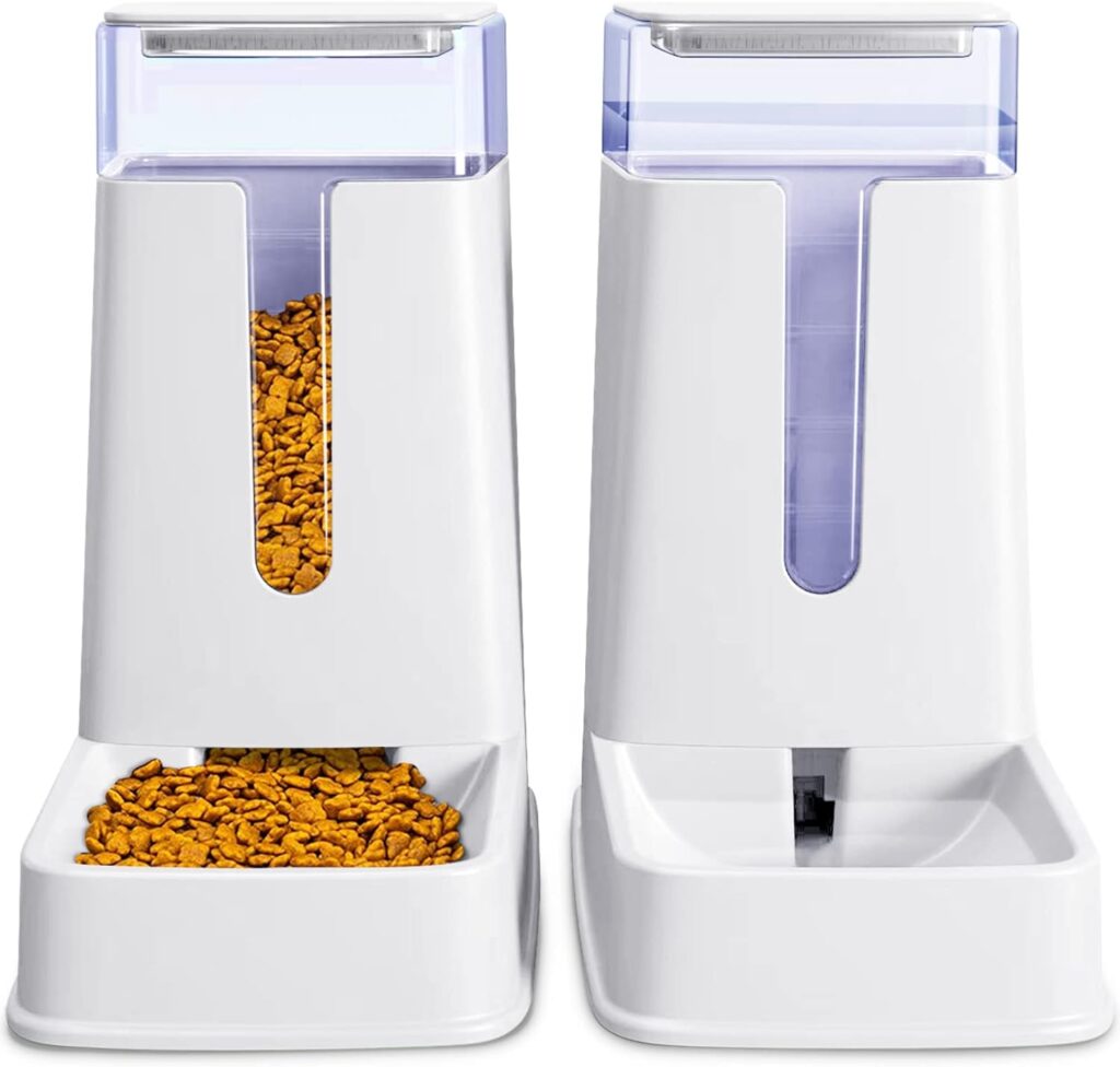 Automatic Cat Feeder and Water Dispenser in Set 2 Packs 1 Gallon for Small Medium Big Dog Pets Puppy Kitten (White)