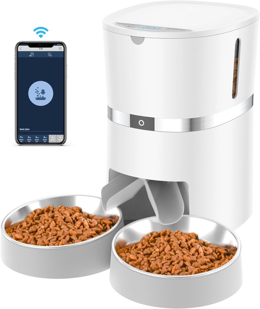 Automatic Cat Feeder, Smart Pet Food Dispenser with APP Control,WiFi Enabled Automatic Feeder for Dogs, Cats  Small Pets, Double Stainless Steel Bowls,6 Meals Portion Control and Voice Recording