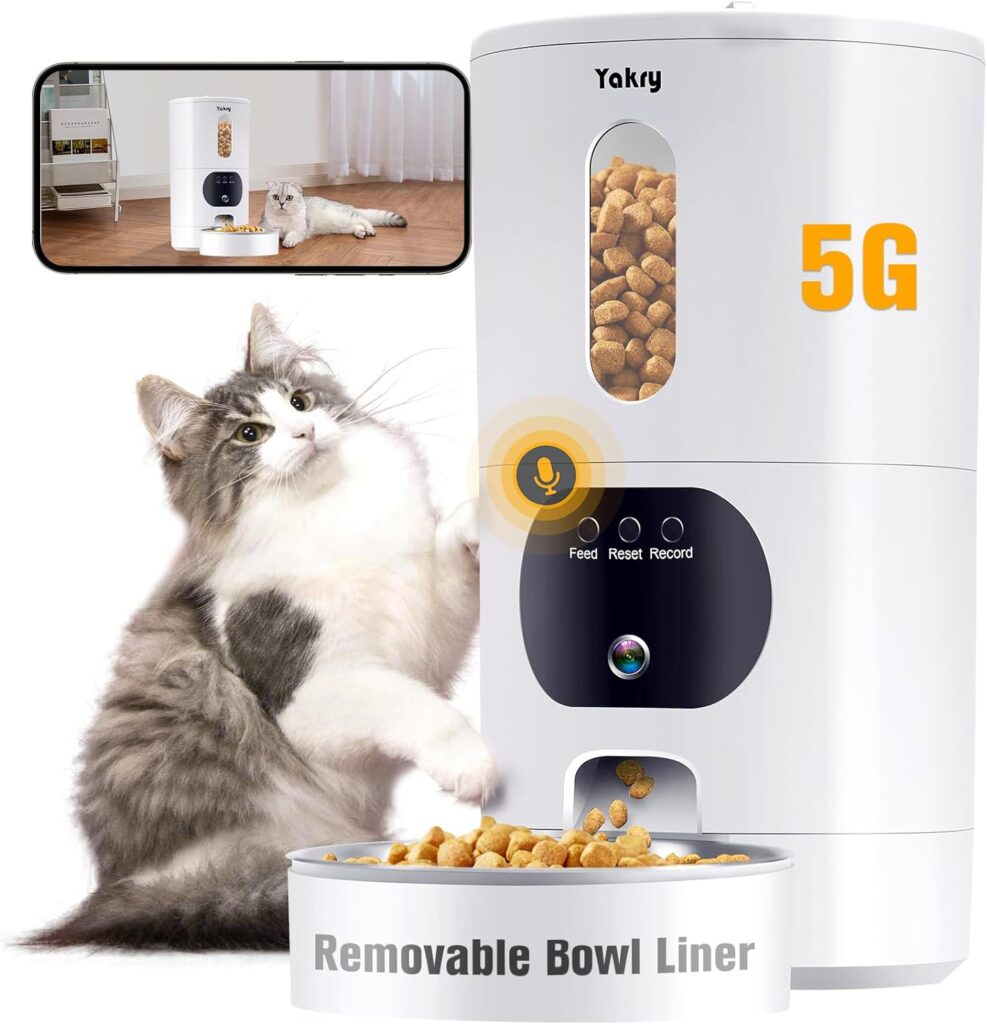 Automatic Cat Feeders Camera 5G: WiFi Easy to Clean Timed Smart Dog Food Dispenser 2-Way Audio Memory Function Pet Feeder HD 1080P Video Record APP Control Dry Food Clear Night Vision Yakry