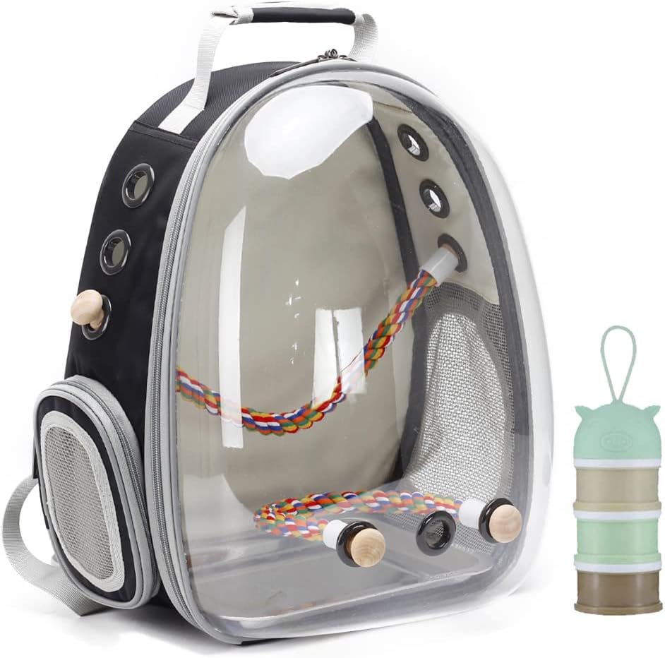 Bird Travel Backpack Carrier, Cage for Small to Medium Size Bird Parakeet Budgies Cockatiel, Space Capsule Clear Bubble Window with Stainless Steel Tray and Standing Perch (Large, Black)