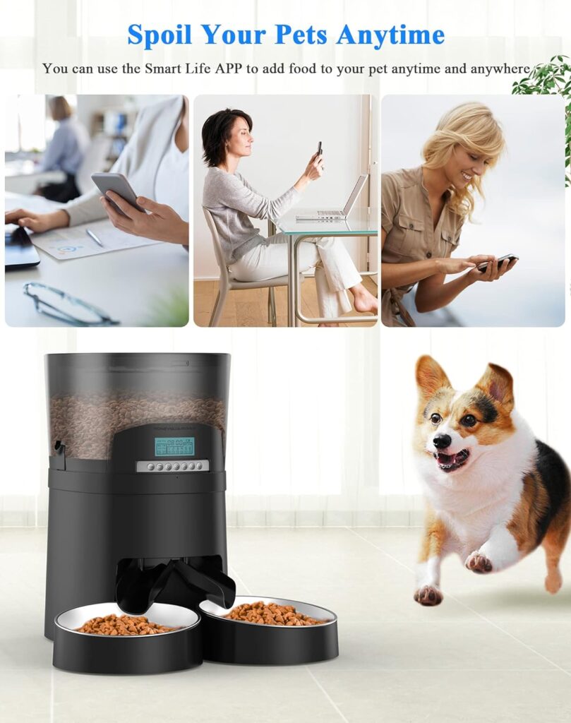 HoneyGuaridan Automatic Cat Feeder for 2 Cats 4.5L,Wi-Fi Smart Pet Feeder,Timer Cat Food Dispenser for Cats  Dogs, APP Control,Desiccant, Voice Recorder,Stainless Steel Bowl 1-6 Meals a Day (Black)