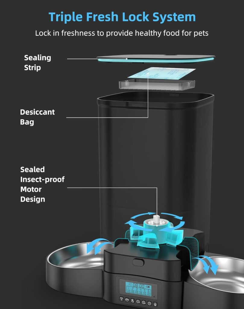 HoneyGuaridan Automatic Cat Feeder for Two Cats,5L Cat Food Dispenser with 2 Stainless Steel Bowl,Timed Cat Feeder Programmable 1-6 Meals Control, Dual Power Supply,Desiccant Bag,10s Meal Call(Black)