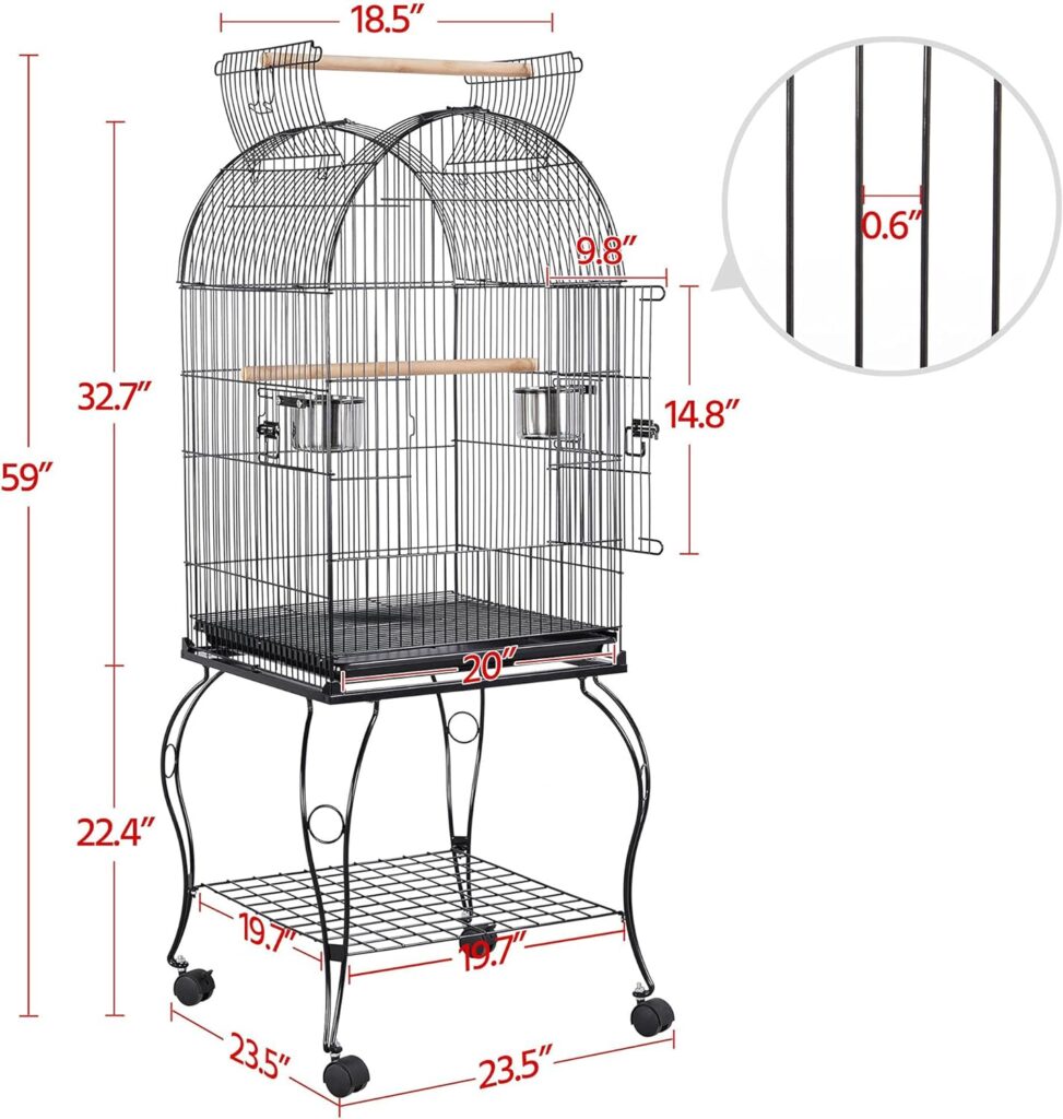 Yaheetech 59-Inch Rolling Standing Medium Dome Open Top Bird Cage for Parrots Cockatiels Sun Conures Parakeets Lovebirds Budgies Finches Canary Pet Bird Cage with Removable Stand