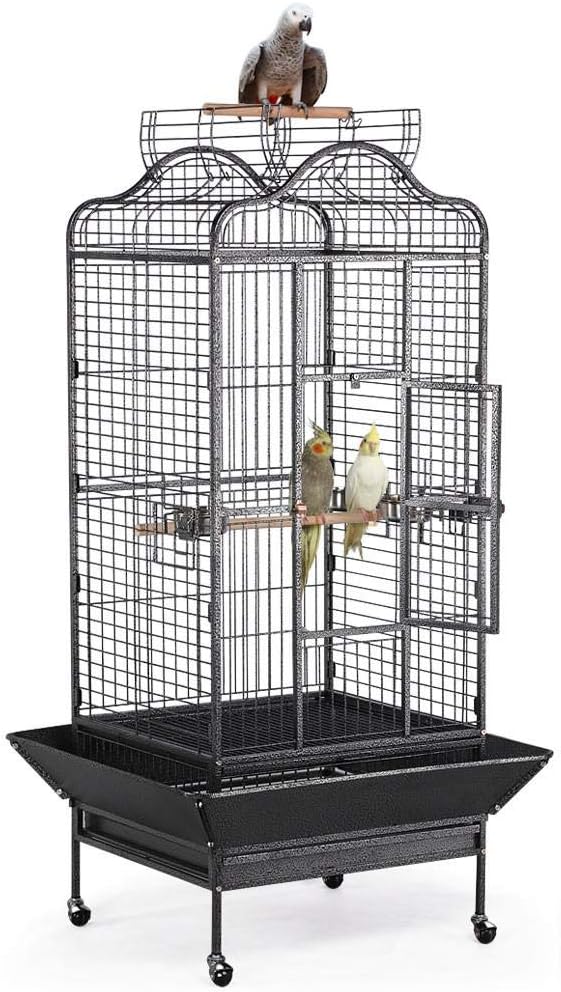 Yaheetech 63 Bird Cage with Stand Wrought Iron Rolling Open Play Top Large Bird Cage for Mini Macaw African Grey Amazon Parrot