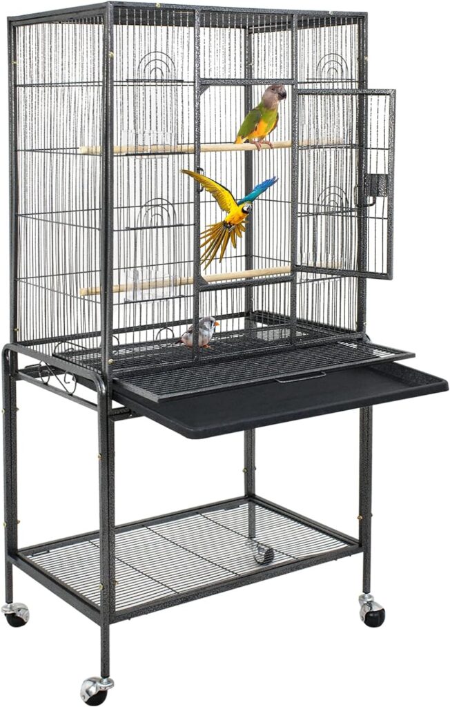 ZENY 53-Inch Bird Flight Cage, Wrought Iron Standing Large with Rolling Stand for Cockatiels Pet Parrot Parakeet Lovebird Canary Finch (Black)