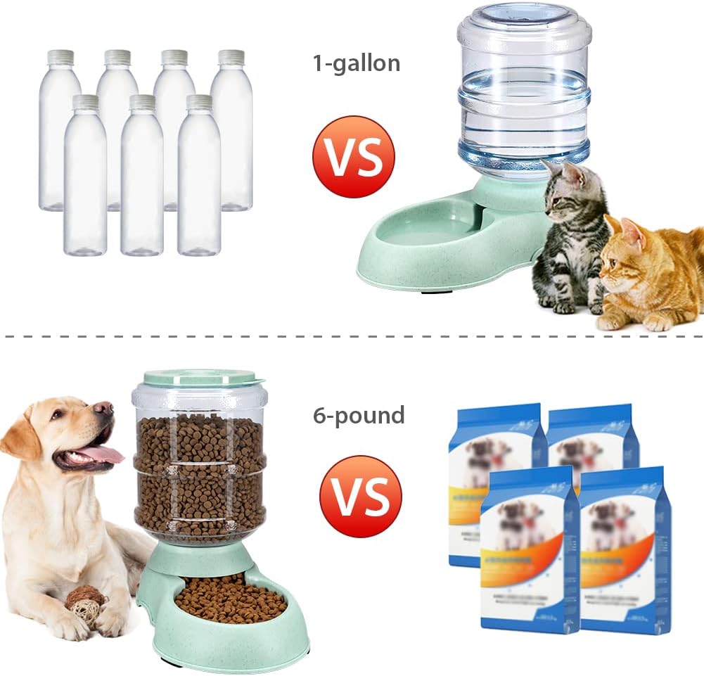 2 Pack Automatic Cat Feeder and Water Dispenser in Set Gravity Food Feeder and Waterer with Pet Food Mat for Small Medium Dog Pets Puppy Kitten Big Capacity 1 Gallon x 2