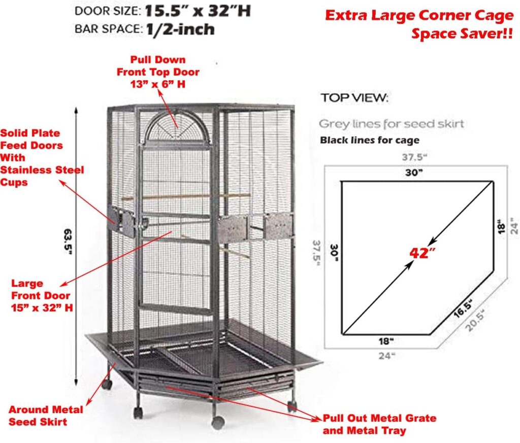 64 Extra Large Corner Flight Bird Parrot Cage for Cockatiel Parakeet Budgies Parrot with Around Metal Seed Skirts, Tight 1/2-Inch Bar Spacing (WhiteVein)