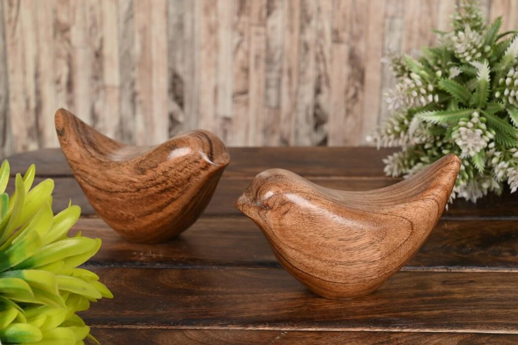 Acacia Wood Bird Statues Set Home Décor Bird Sculpture for Living Room, Bathroom, Office Modern Style Birds Decorative Ornaments (Set of 2) (4.5 x 2 x 2.5)