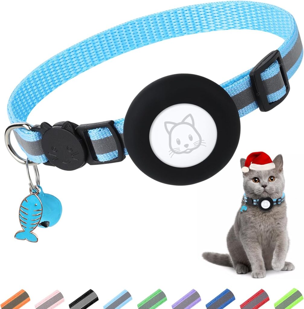 Airtag Cat Collar, Air tag Cat Collar with Bell and Safety Buckle in 3/8 Width, Reflective Collar with Waterproof Airtag Holder Compatible with Apple Airtag for Cat Dog Kitten Puppy (Blue)