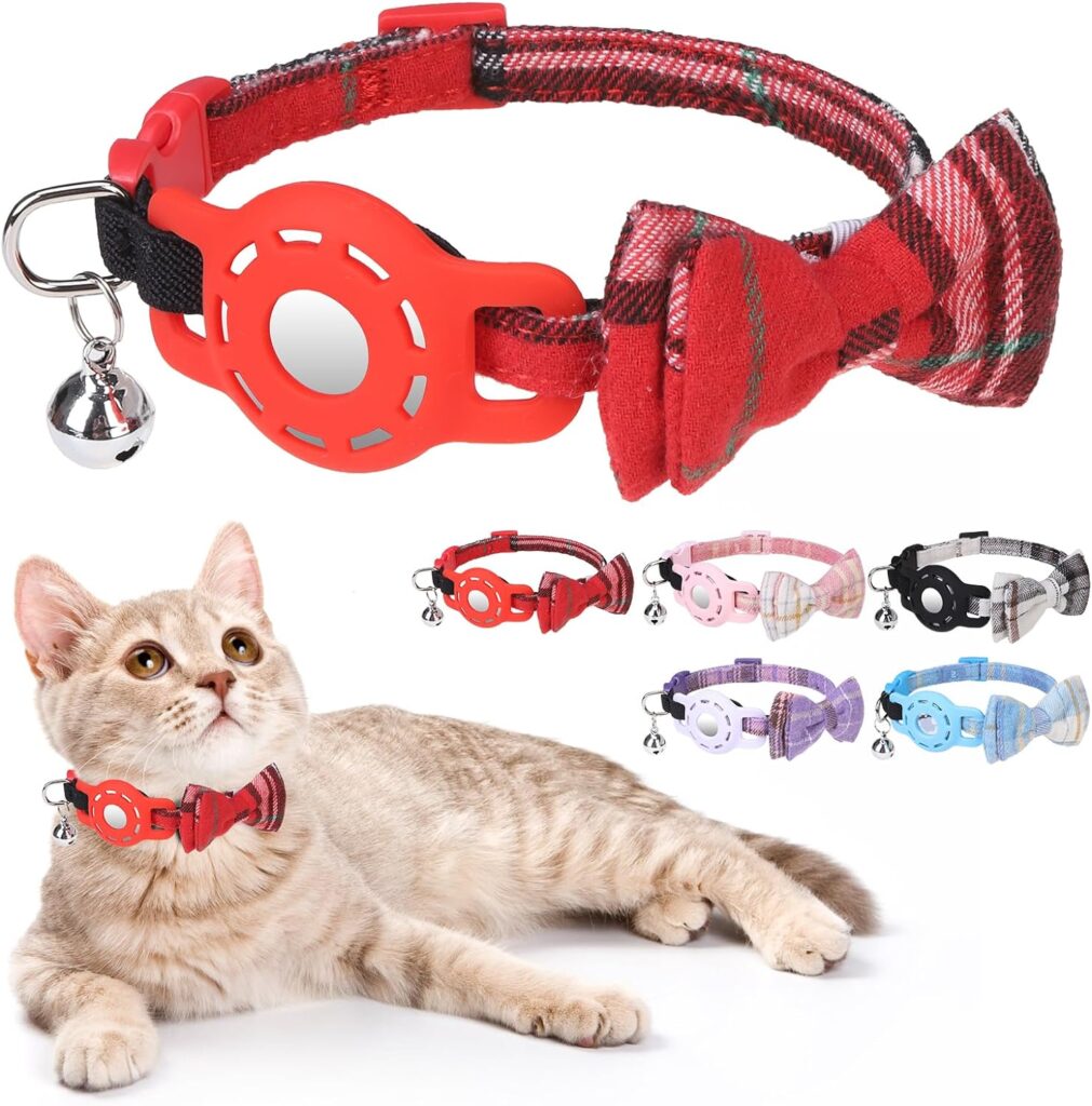 Airtag Cat Collar with Bells and Bowtie - Cute Safety Elastic Band Adjustable Pet Collars with Waterproof Airtag Holder -GPS Tracker Cat Collars for Girl Boy Cats, Kitten and Puppies