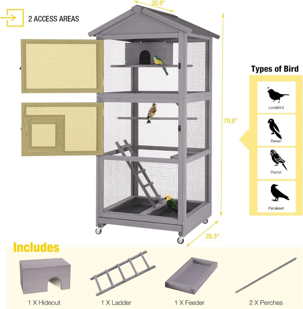 Aivituvin Bird Cages Outdoor Bird Aviary Indoor Parakeet Cage with Perch for Birds, Large Dove cage with Wire Netting Above The Removable Pull Out Tray - Wheels Include