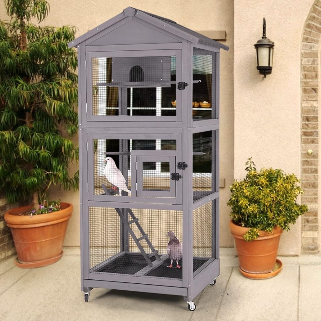 Aivituvin Outdoor Bird Cage Large Wooden Bird Aviary with Perch for Parakeet,Macaw and Any Small Birds,Wire Netting Above The Tray,Prevent Escape