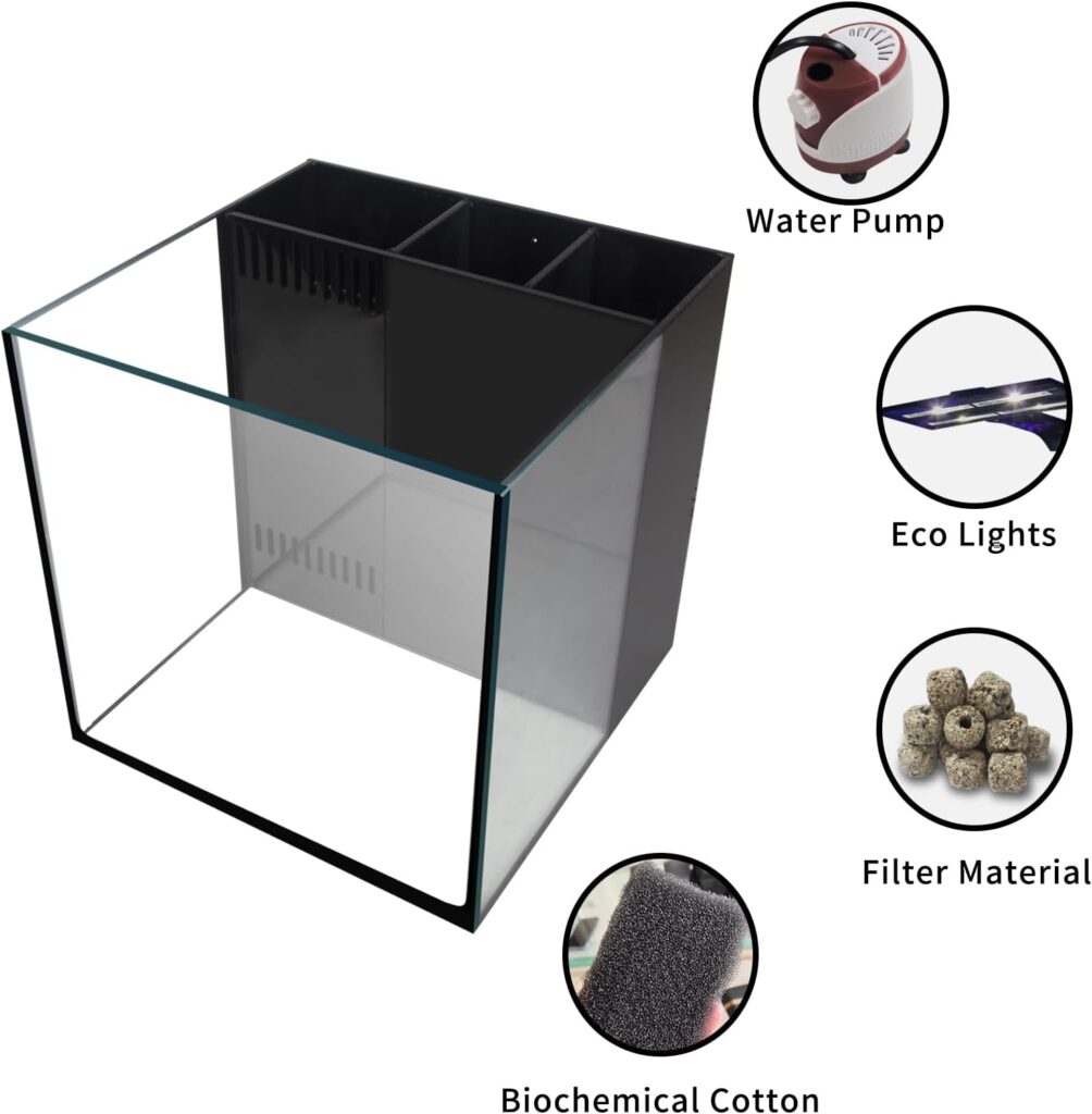 Aquarium Square Starter Kit Ultra Clear Glass Rimless Low Iron Fish Tank with Rear Filtration Chamber for Beginners 4 Gallon