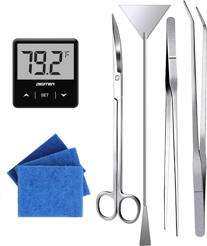 Aquarium Starter kit, The Package Includes a Fish Tank Thermometer, aquascape Tool kit with a Sand Spatula, Straight Tweezers, Curved Tweezers, Curved Scissors, Handheld Sponge pad(3 PCS)