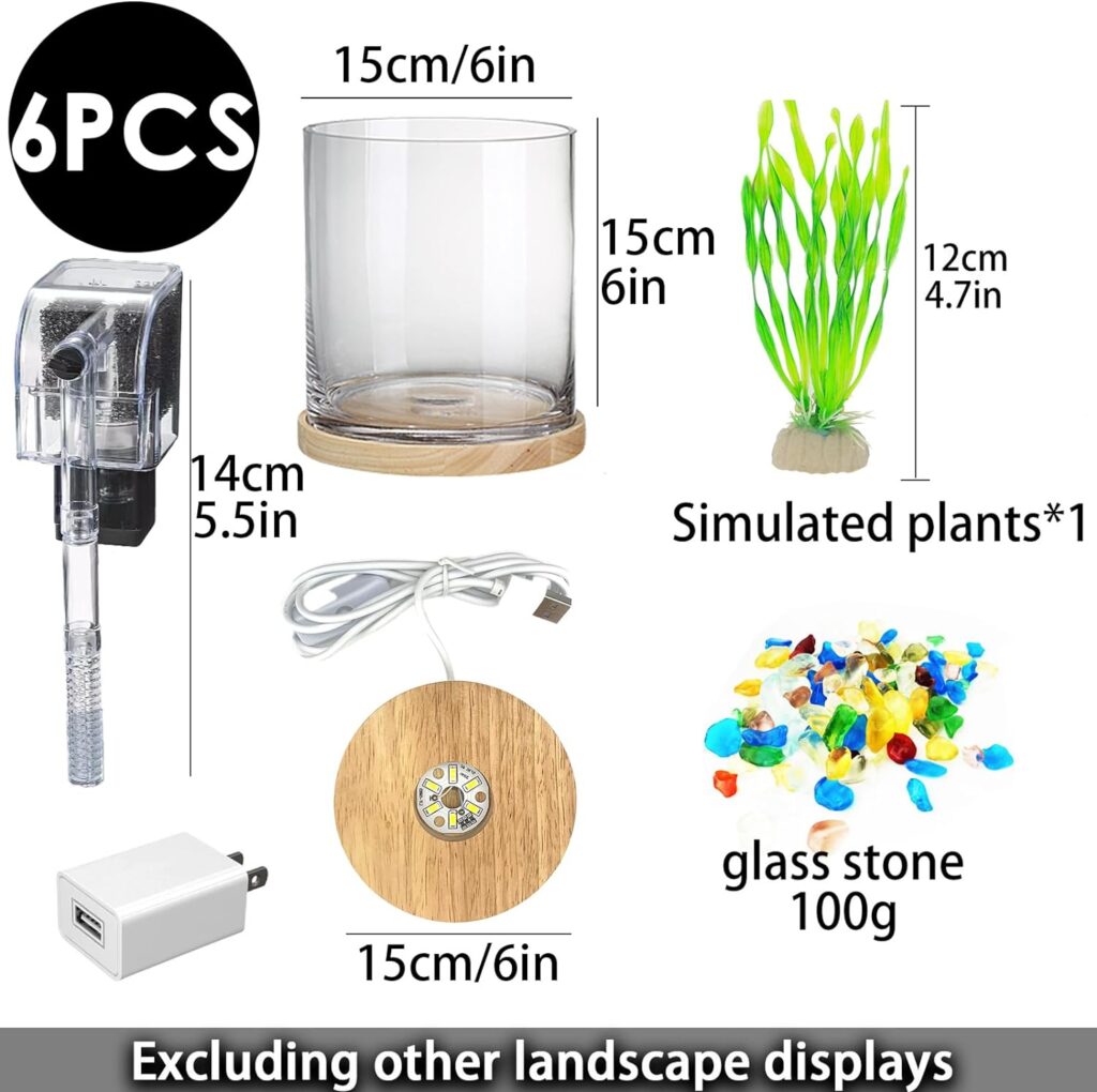 Aquarium Starter Kits 0.81-Gallon Fish Tank（6 inches） for Beginner Cylindrical Betta Fish Bowl with Wooden Base LED Light Water Pump Accessories Self-Cleaning Filter Copyright Patent