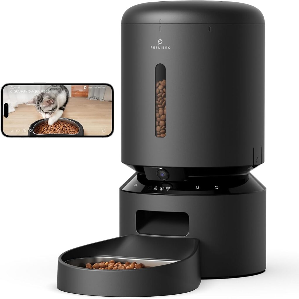 Automatic Cat Feeder with Camera, 1080P HD Video with Night Vision, 5G WiFi Pet Feeder with 2-Way Audio, Low Food  Blockage Sensor, Motion  Sound Alerts for Cat  Dog Single Tray