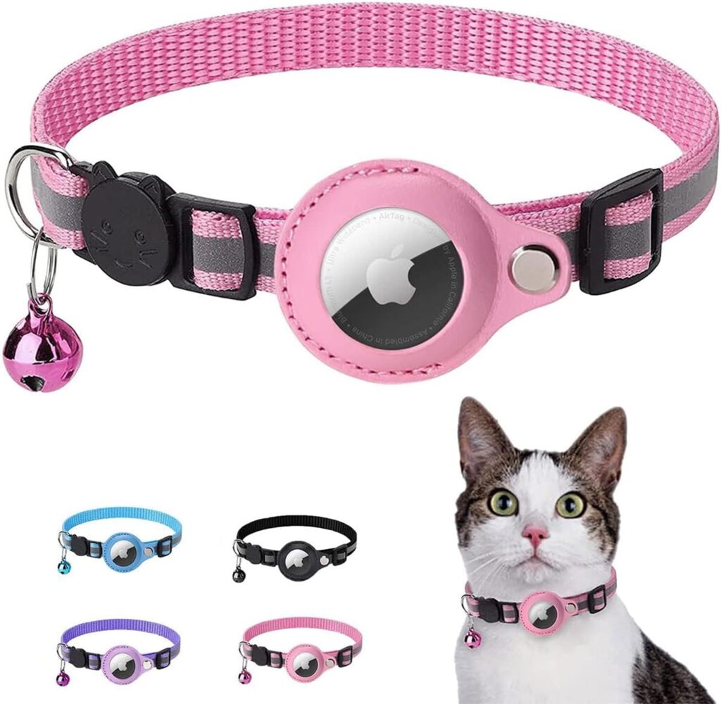 Cat Collar Breakaway with Airtag Holder - Adjustable Reflective AirTag Cat Collar with Bell Integrated Kitten Collar GPS Cat Collars Tracker for Girl Boy Cats Puppies (Pink)