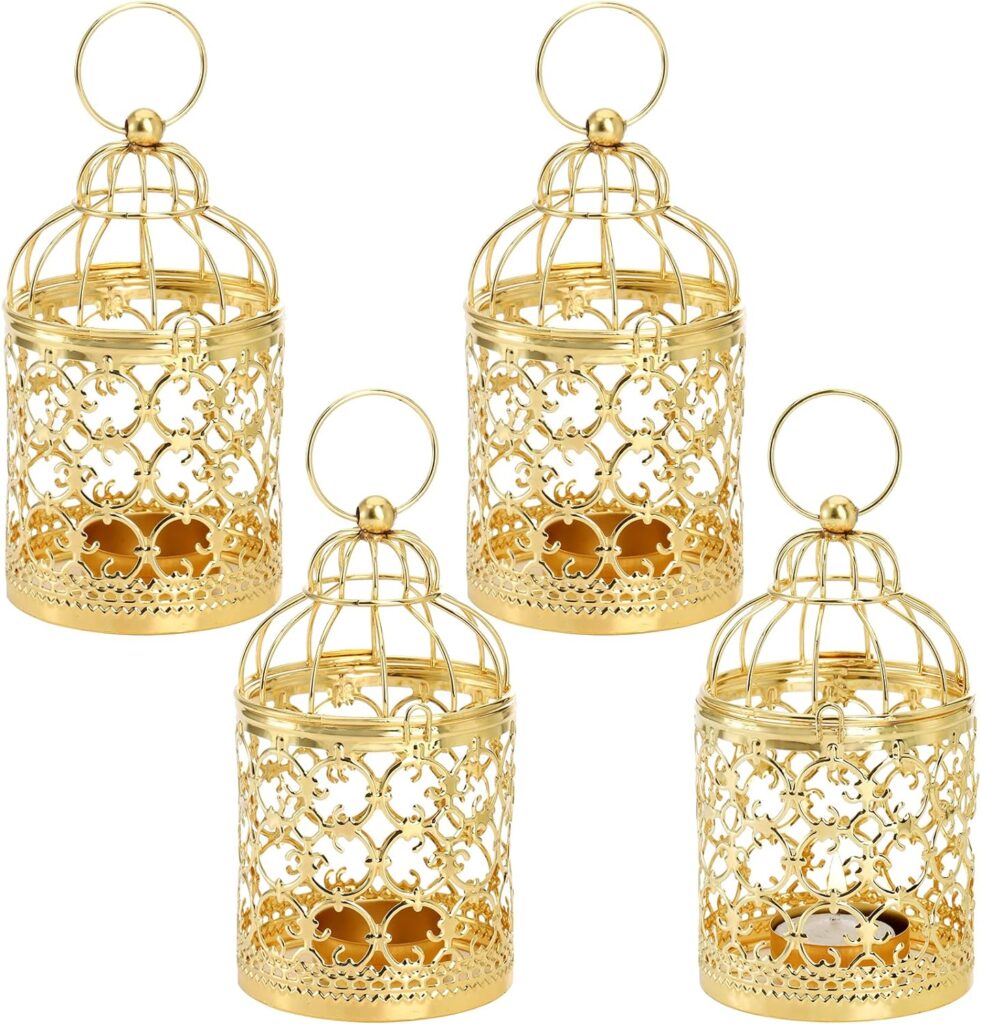 Coloch 4 Pack Gold Decorative Lantern Hanging Candle Holder, Vintage Small Metal Tealight Decorative Birdcage Candle Lantern Centerpieces for Wedding, Birthday, Party, Home Decoration