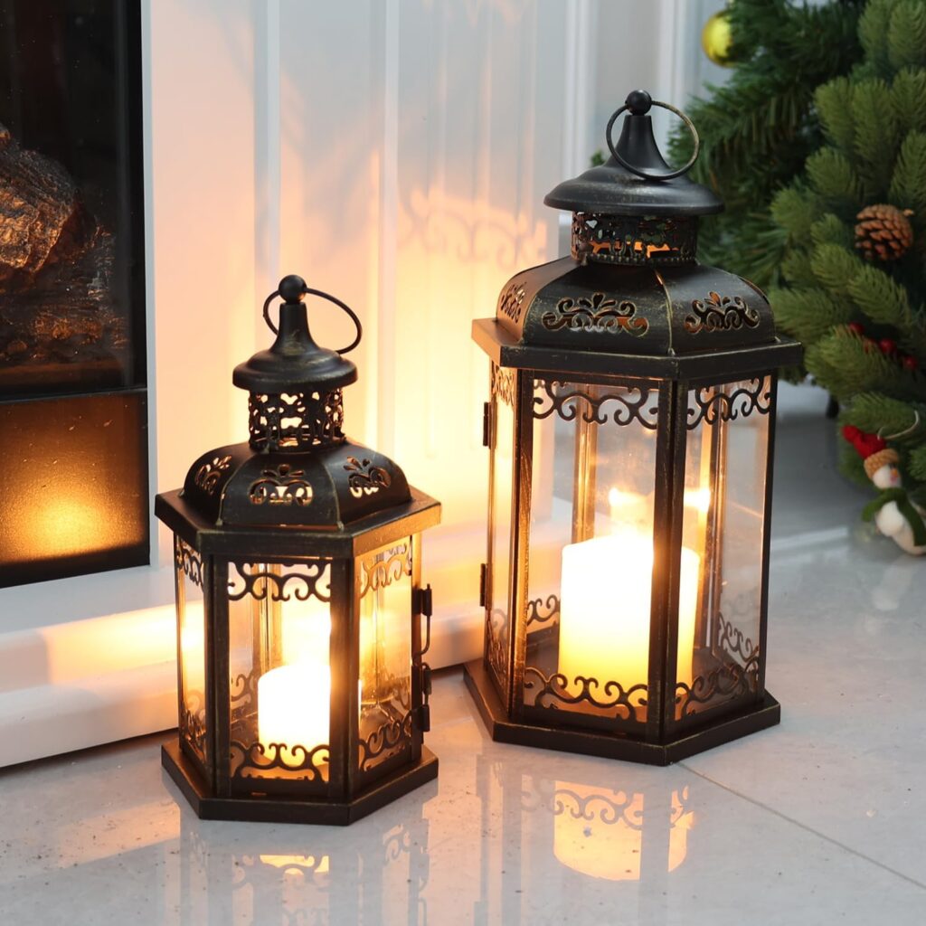 DECORKEY Lantern Decorative Indoor  Outdoor, 15.2 Candle Lantern Farmhouse Home Decor, Hexagon Vintage Hanging Metal Candle Holder for Front Porch Shelf Patio Wedding Party, Christmas Decorations