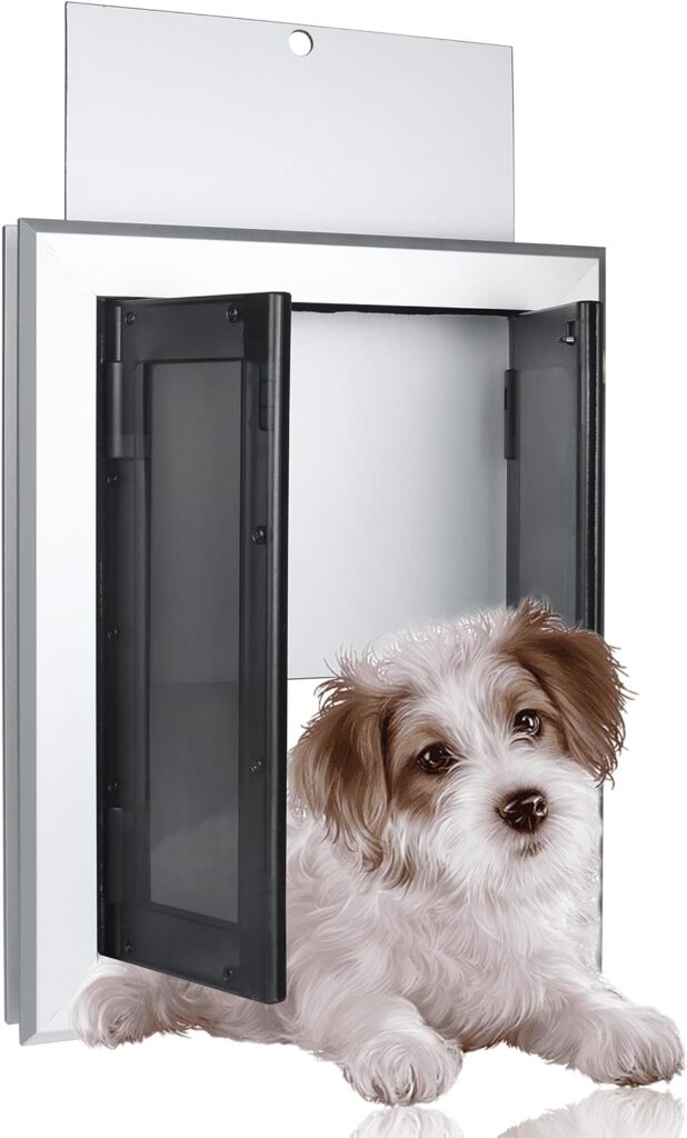 Dog Door with Double Opening Panels Heavy Duty Aluminum Doggy Door for Medium Large Dogs Weatherproof and Energy Efficient with Magnetic Pets Door for Exterior Door