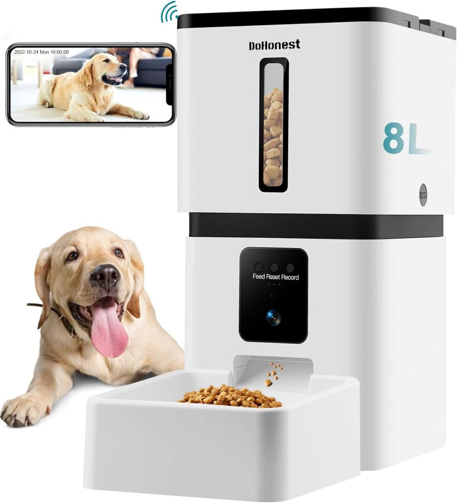 DoHonest Automatic Dog Feeder with Camera: 5G WiFi Easy Setup 8L Motion Detection Smart Cat Food Dispenser 1080P HD Video Recording 2-Way Audio Timed Pet Feeder App Control Night Vision S15