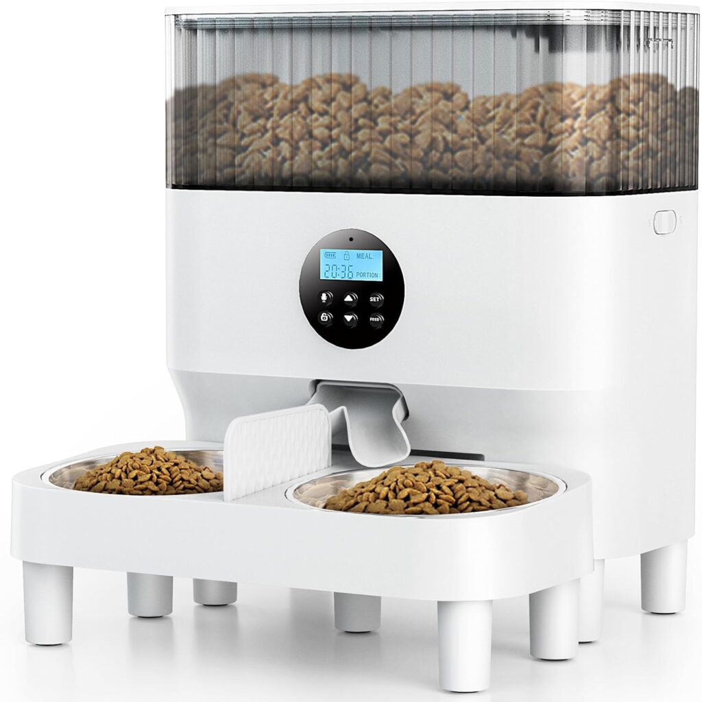 Elevated Automatic Cat Feeder for Two Cats, 5L Dry Food Dispenser with Splitter and Two Stainless Bowls, 4 Meal Per Day and Portion Control, 10s Voice Recorder, Dual Power Supply