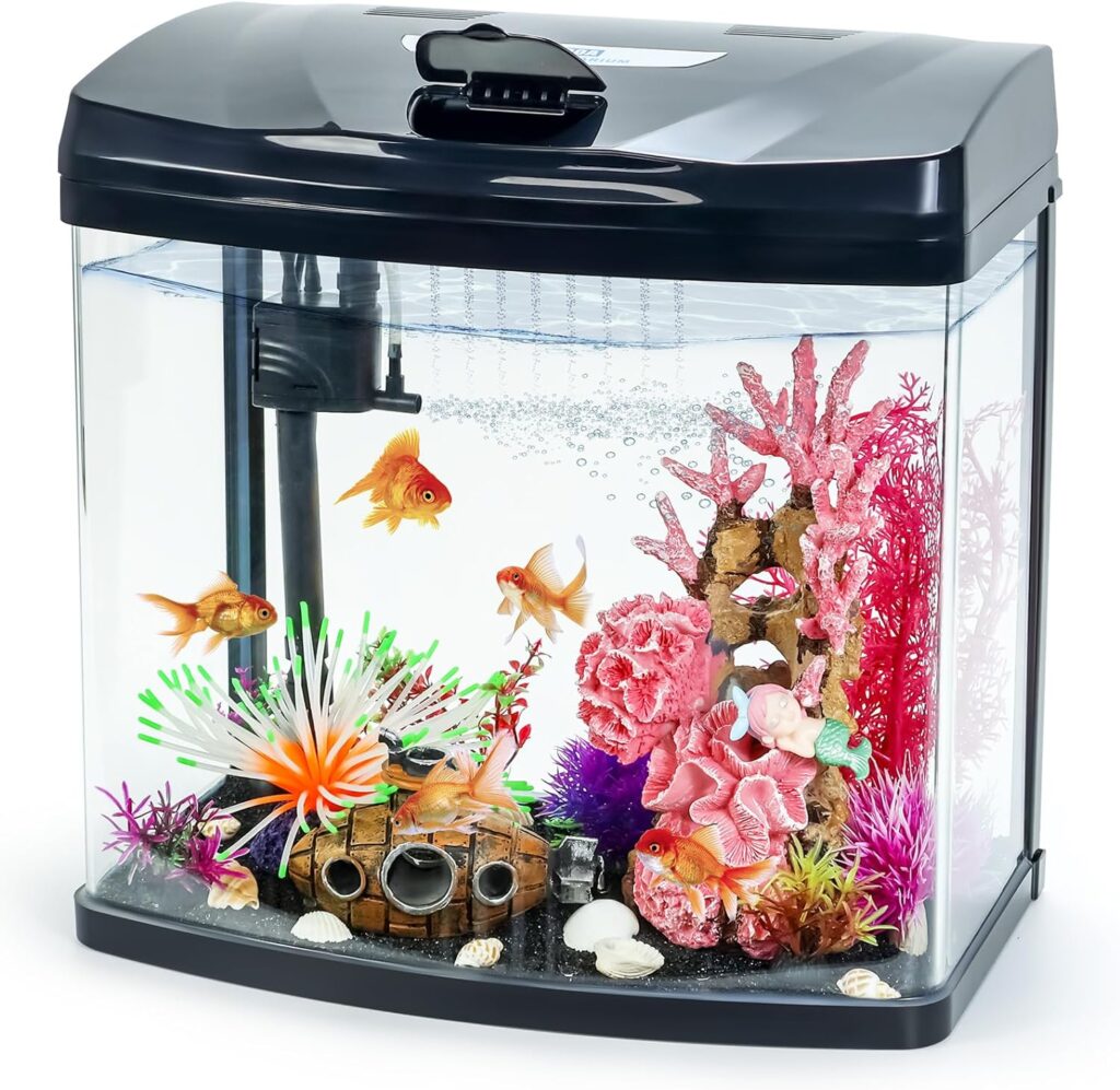 Glass Aquarium Starter Kit with Flip-Top Feeding Port for Betta Fish: Crystal Clear 360° Viewing, Eco-Cycle Filtration, Air Pump, and LED Lighting (6 Gallon)