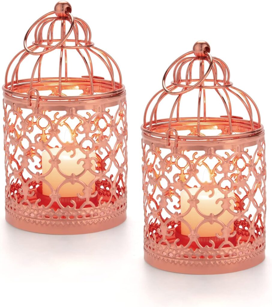 Hanging Birdcage Lantern, 2PCS Vintage Metal Tealight Decorative Candle Holder Decoration Birdcage for Wedding Party Home, Gold