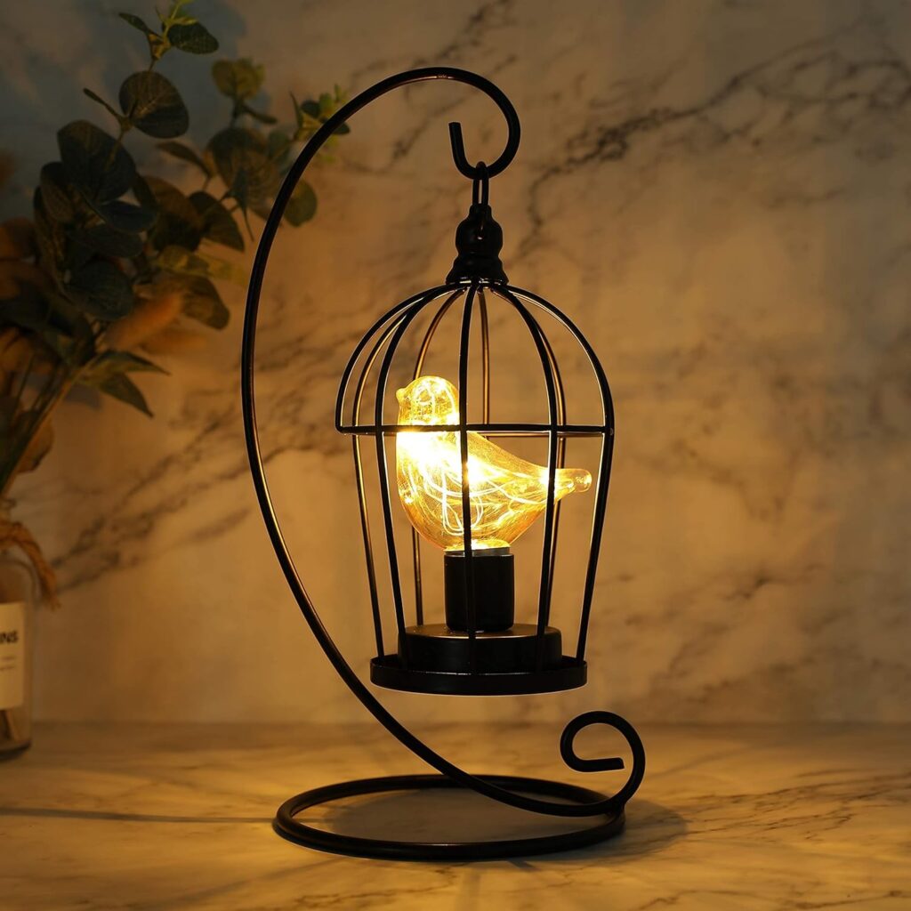 JHY DESIGN Birdcage Bulb Decorative Lamp Battery Operated 13 Tall Cordless Accent Light with Warm White Fairy Lights Bird Bulb for Living Room Bedroom Kitchen Wedding Xmas(Black)