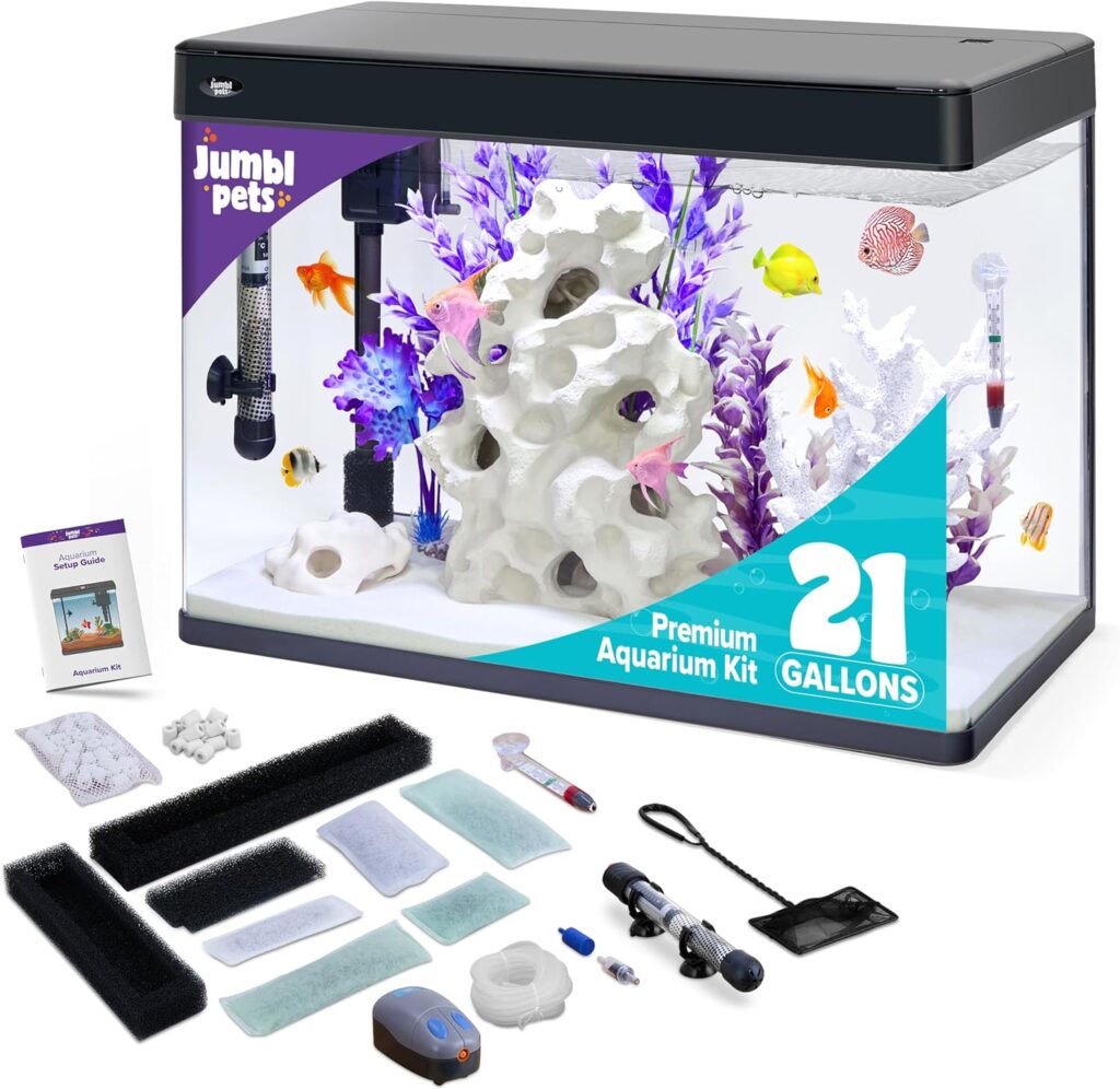 JumblPets Premium Fish Aquarium Kit, 21 Gallon, Complete Glass Fish Tanks Set with LED, Filtration System  Set, Hood  Lid, Bubbler Kit, Heater, Thermometer  Net, Ideal for Freshwater/Marine Fish