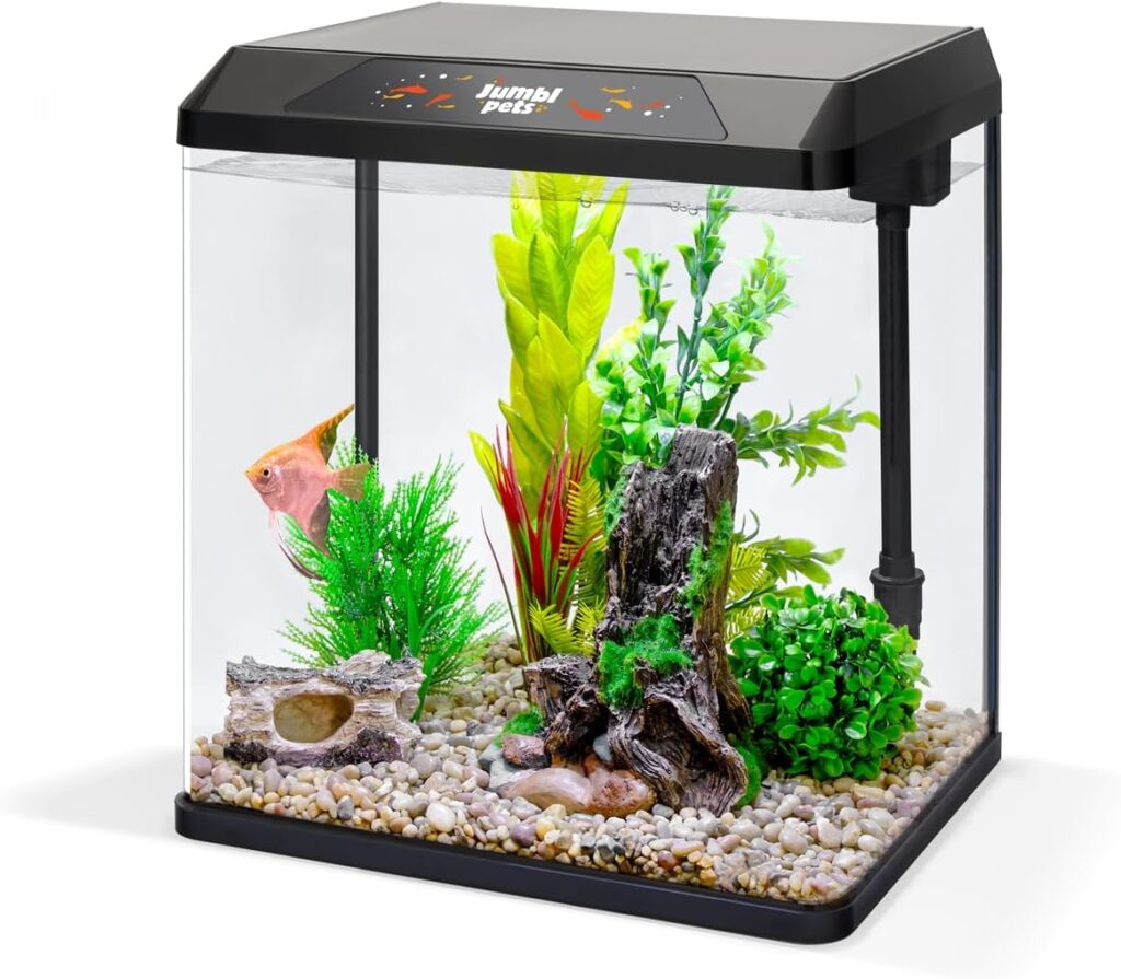 JumblPets Starter Fish Aquarium Kit, 10 Gallon, Complete Beginner Glass Fish Tanks Set with LED Lighting, Internal Filtration System, Filter Media Set, Hood  Lid, Ideal for Freshwater and Marine Fish