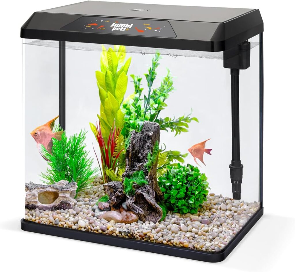 JumblPets Starter Fish Aquarium Kit, 4 Gallon, Complete Beginner Glass Fish Tanks Set with LED Lighting, Internal Filtration System, Filter Media Set, Hood  Lid, Ideal for Freshwater and Marine Fish