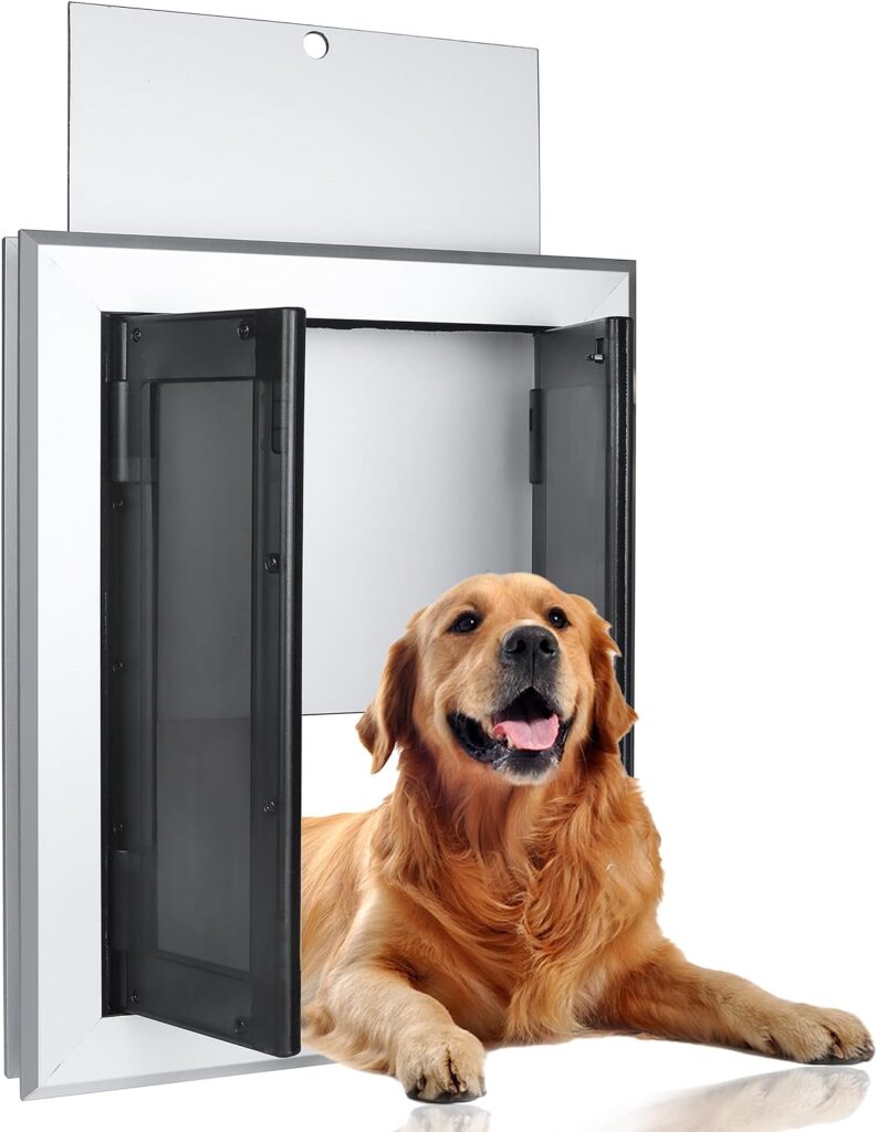 Large Dog Door with Double Opening Panels Heavy Duty Aluminum Doggy Door for Large Dogs Weatherproof and Energy Efficient with Magnetic Pets Door for Exterior Door