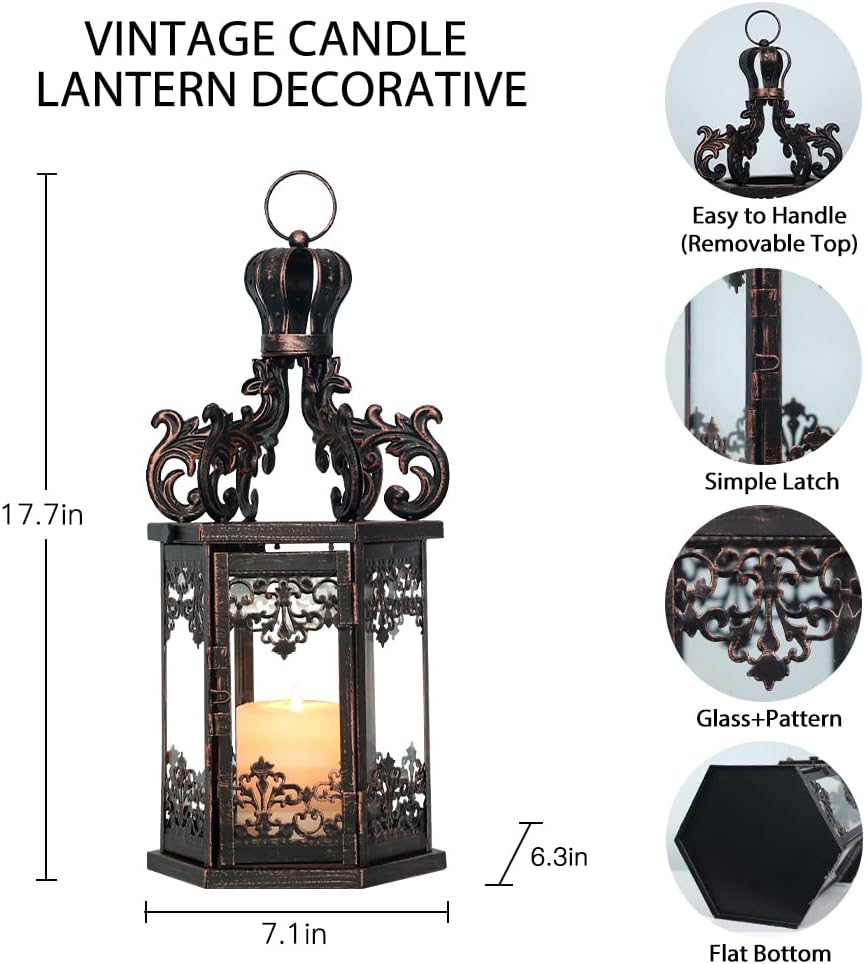 Large Lanterns Decorative Outdoor, 17.7 Black Lanterns Decor Indoor with Tempered Clear Glass, Vintage Metal Hanging Candle Holder for Patio, Front Porch, Table, Wedding, Shelf