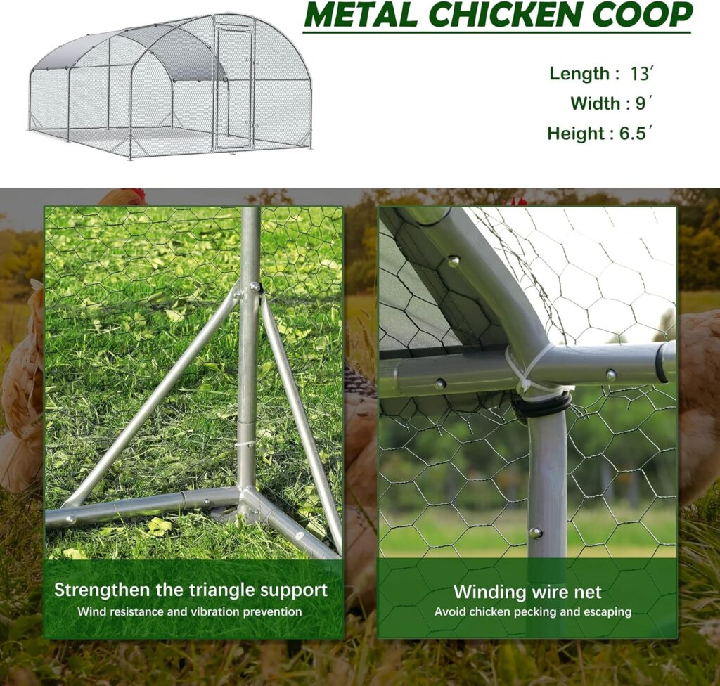 Large Metal Chicken Coop Upgrade Tri-Supporting Wire Mesh Chicken Run,Chicken Pen with Water-Resident and Anti-UV Cover,Duck Rabbit House Outdoor(9W x 6.5L x 6.5H)