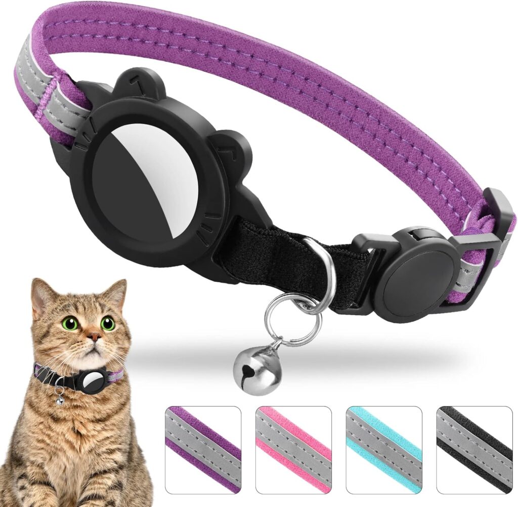 Luminous AirTag Cat Collar Breakaway, Reflective GPS Cat Collar with Apple Air Tag Holder, Cat Tracker Collars with Safety Elastic Band for Cats, Kittens and Puppies (Purple2, 9-13 Inch)