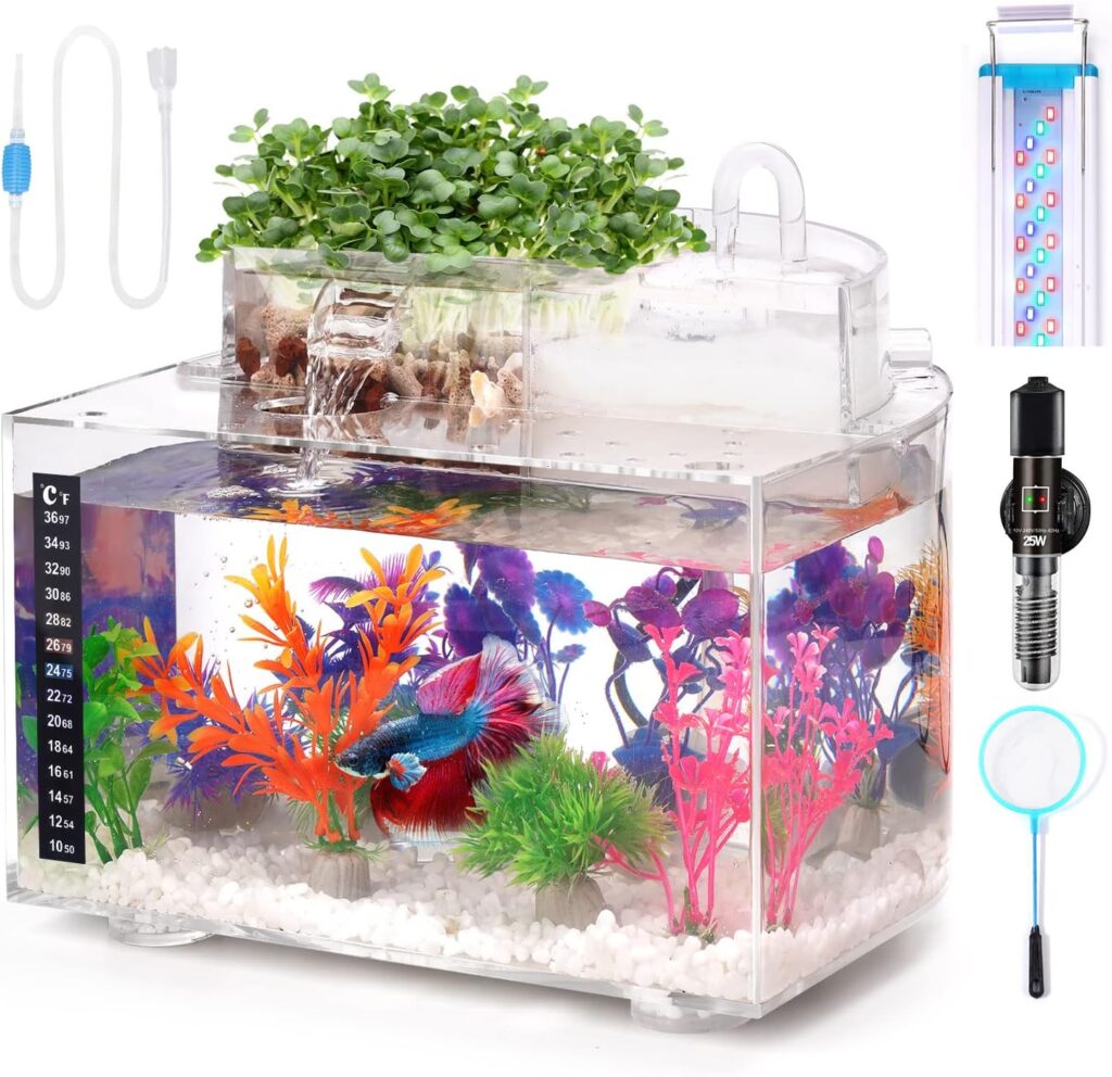 Oltraman Betta Fish Tank Kit, 3 Gallon Aquarium Self-Cleaning with LED Light, Filter, Heater, Decorations and Accessories - Ideal for Hydroponic Growing System and Aquaponics