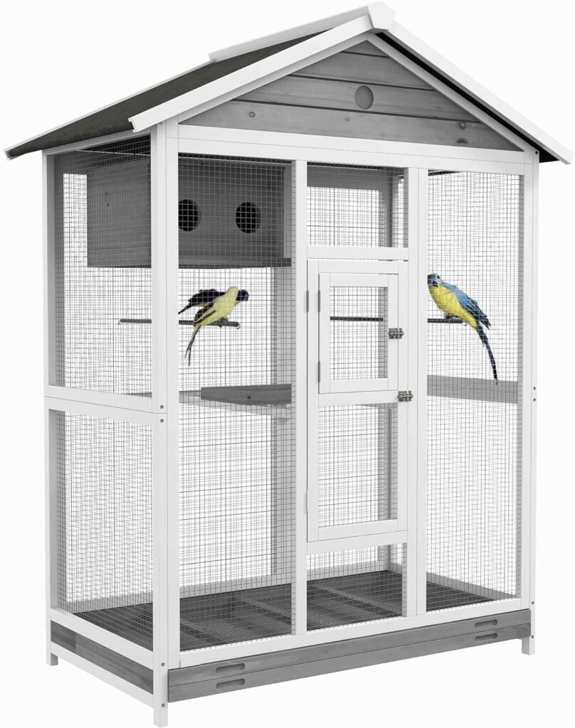 PawHut 64.5 Wooden Bird Cage Aviary, Flight Cage with 4 Perches, Nest and Slide-Out Tray for Indoor/Outdoor, Gray