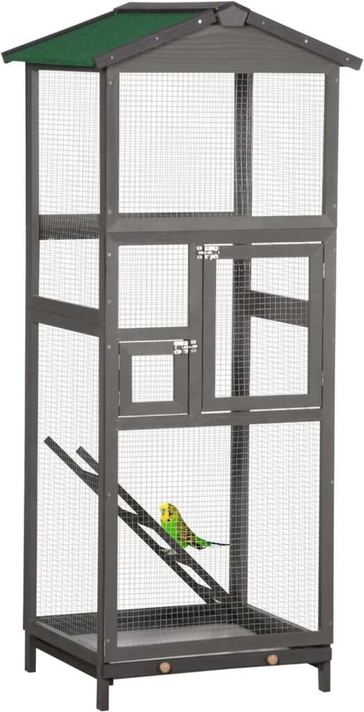 PawHut 65 Wooden Bird Cage Outdoor Aviary House for Parrot, Parakeet, with Pull Out Tray and 2 Doors, Grey