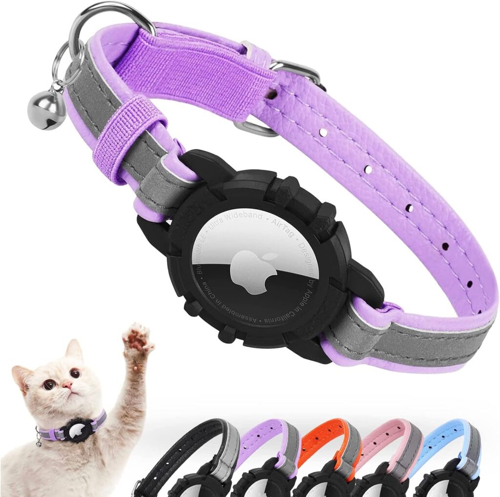 Reflective AirTag Cat Collar, FEEYAR Integrated Air Tag Cat Collar for Apple, Leather GPS Cat Collar with AirTag Holder and Bell [Purple], Tracker Cat Collars for Girl Boy Cats, Kittens and Puppies