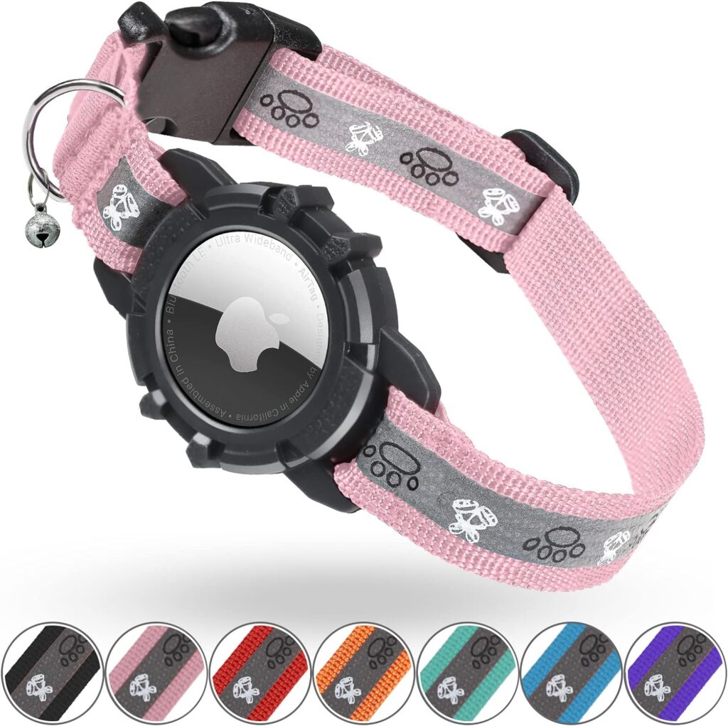 Reflective AirTag Cat Collar, FEEYAR Integrated GPS Cat Collar with Air Tag Holder and Bell, Safety Elastic Band Tracker Cat Collars for Girl Boy Cats, Kittens and Puppies [Pink]