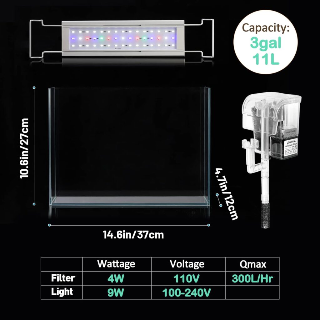 Rimless Glass Aquarium Starter Kit (3 Gal), Ultra Clear Low Iron Glass Fish Tank Set, Small Beta Fish Tank  Filter with Surface Skimmer  3-Mode LED Light